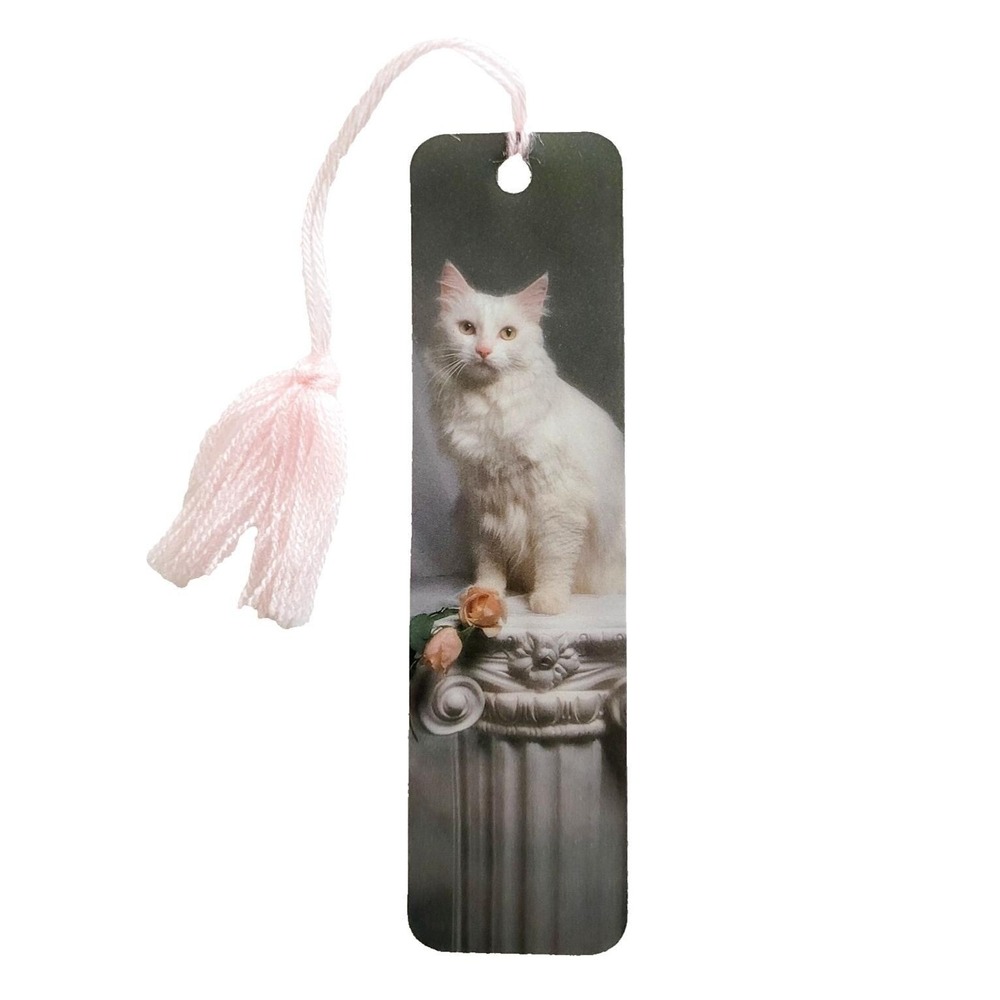 Vintage 80s White Cat Bookmark, tassel Roses, Koren Trygg, 1980s Photique H-1379